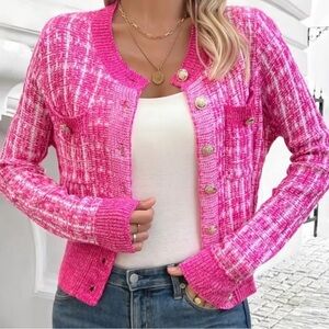 Pink/White Button-Up Women's Sweater with Gold Button Detail